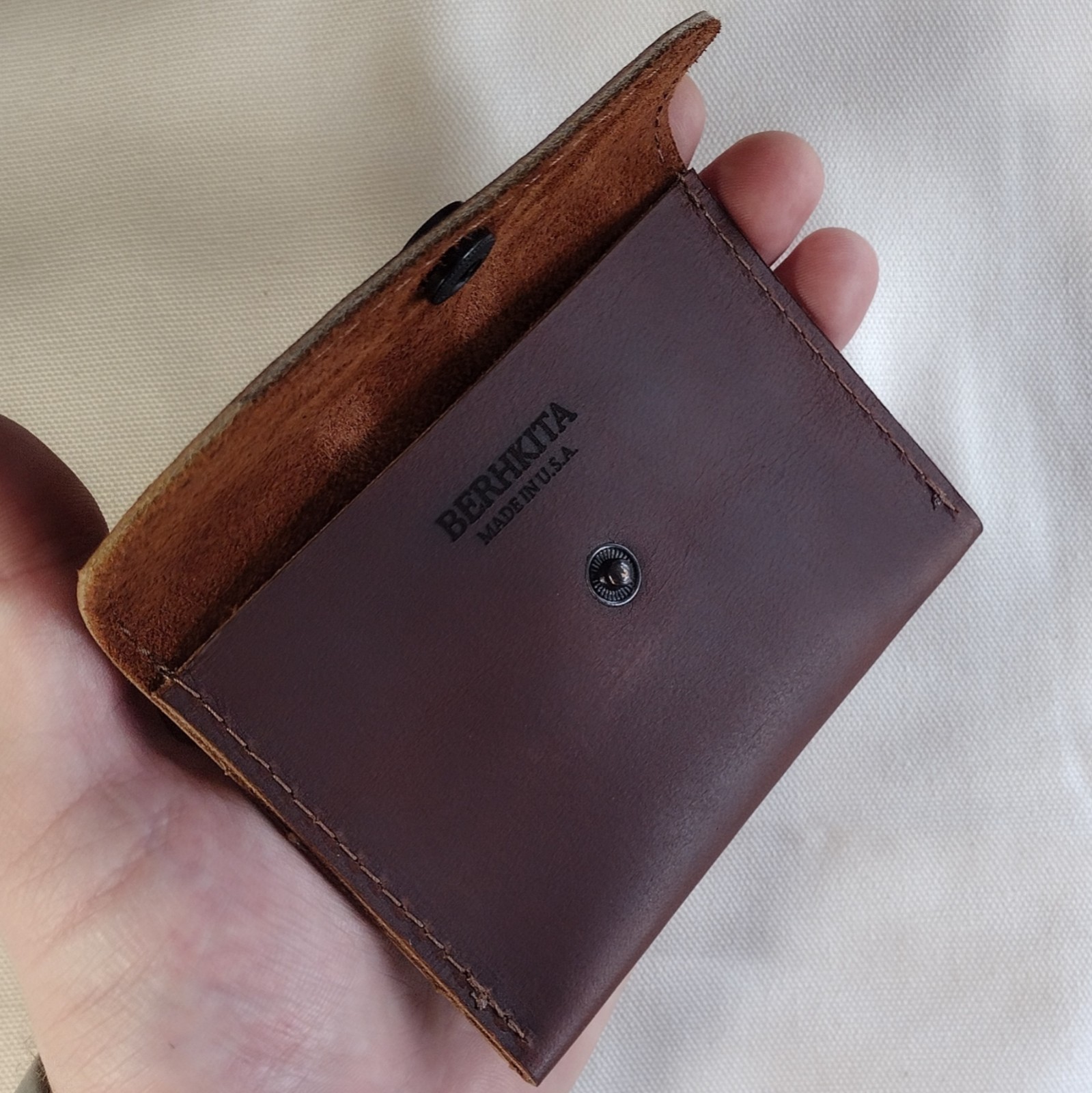 handmade real leather snap button pouch for coins card cash brown