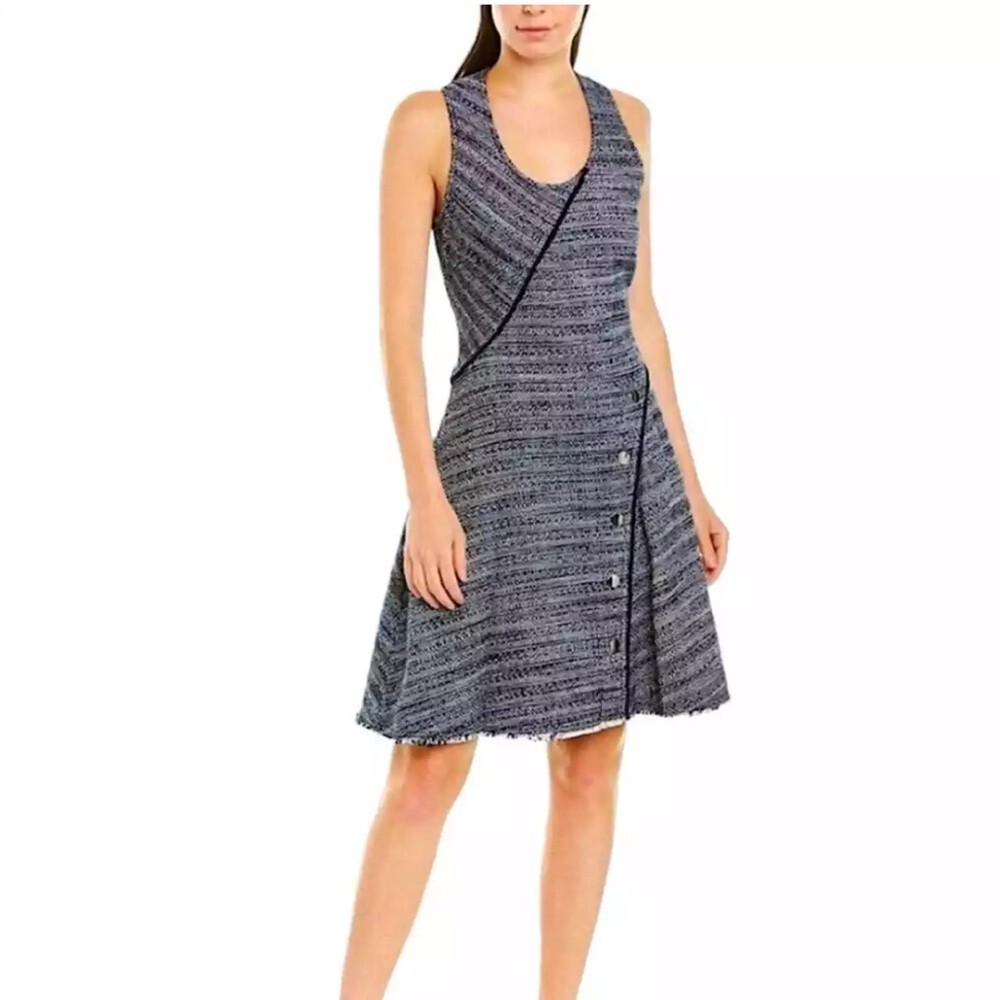 Derek Lam Blue Gray Tweed Size 2 Button Accent Sleeveless Womens Designer Dress