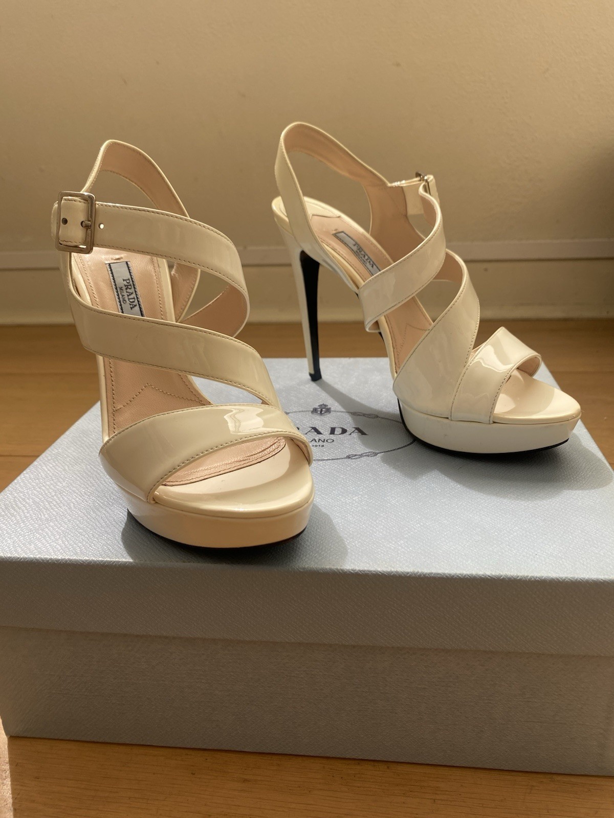 PRADA Leather Stiletto Strappy Sandals Heels 12cm in Bianco/cream 37.5 Aus 6.5