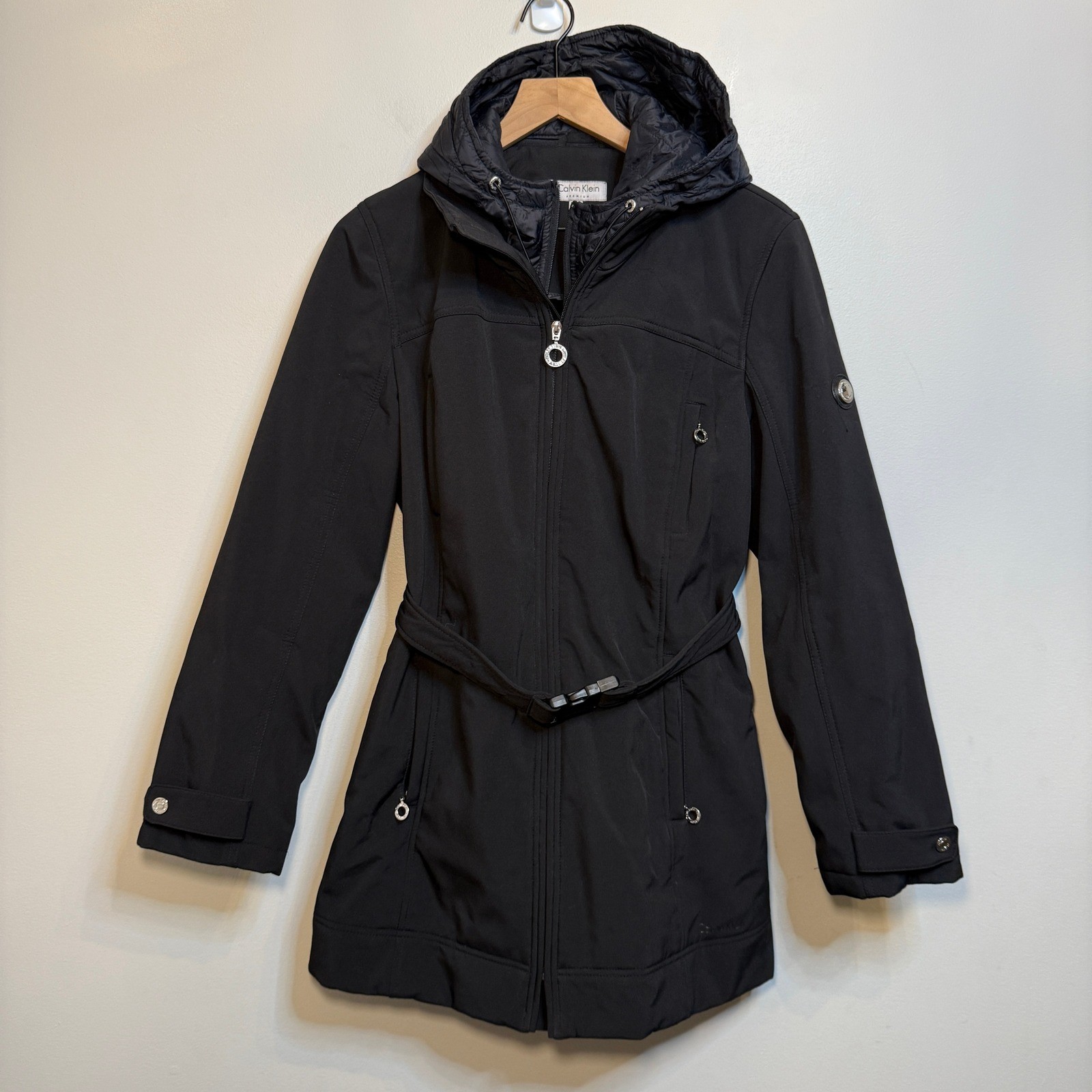 Calvin Klein Premium Women’s Softshell Belted Hooded Jacket Coat Black Large