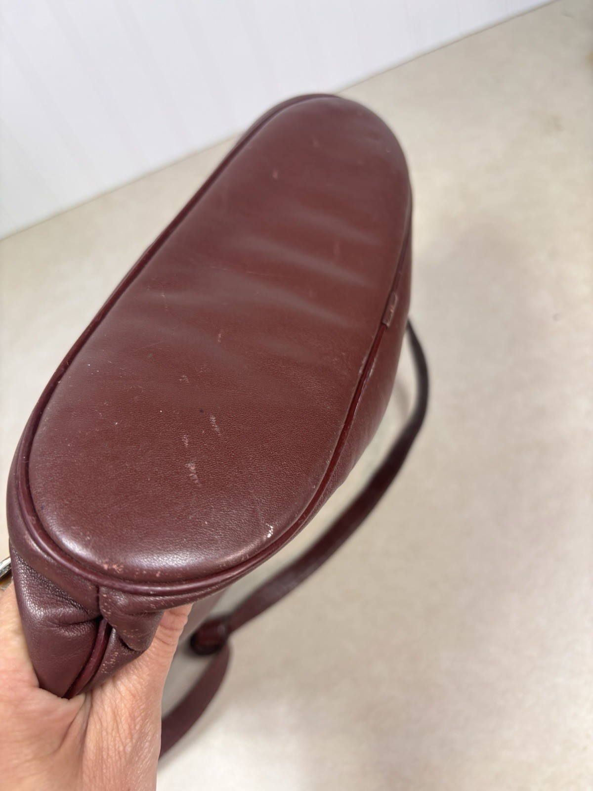 1980s Etienne Aigner Oxblood Leather Knotted Hobo Bag Curved Scoop Purse
