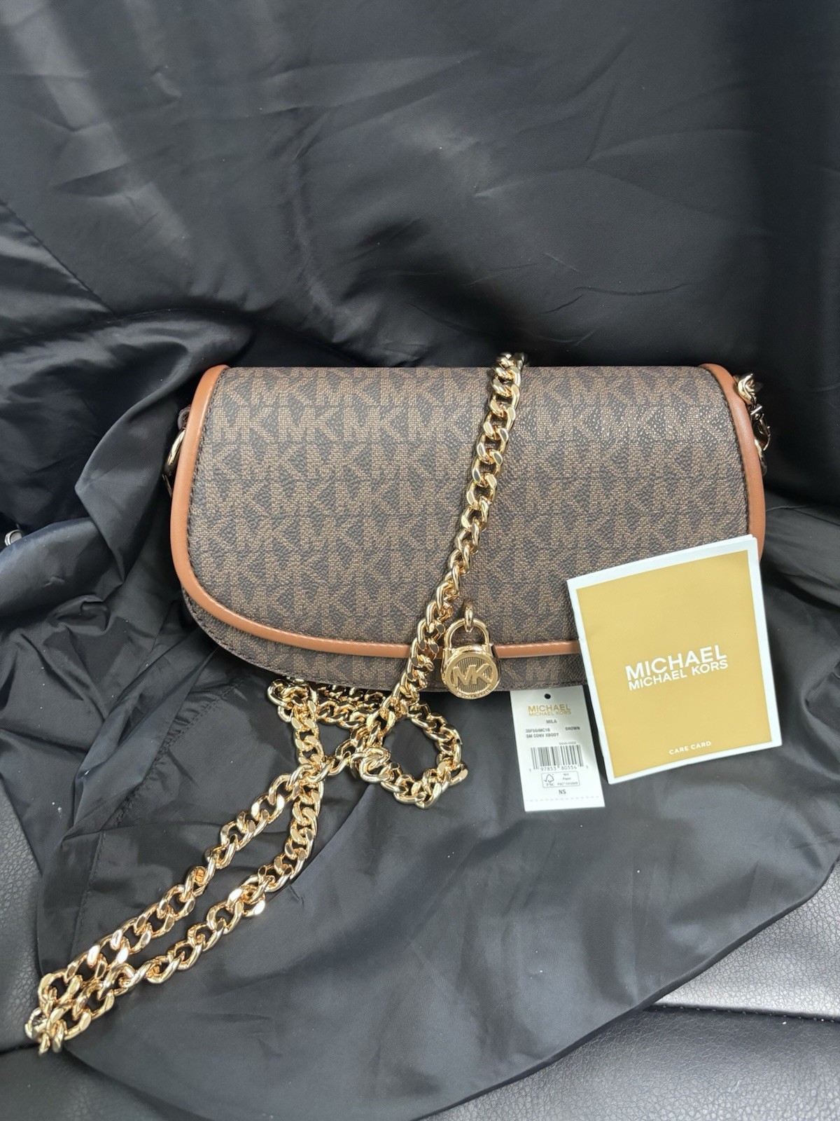 Michael Kors Brown Monogram Small Shoulder Bag Gold Chain Strap Magnetic