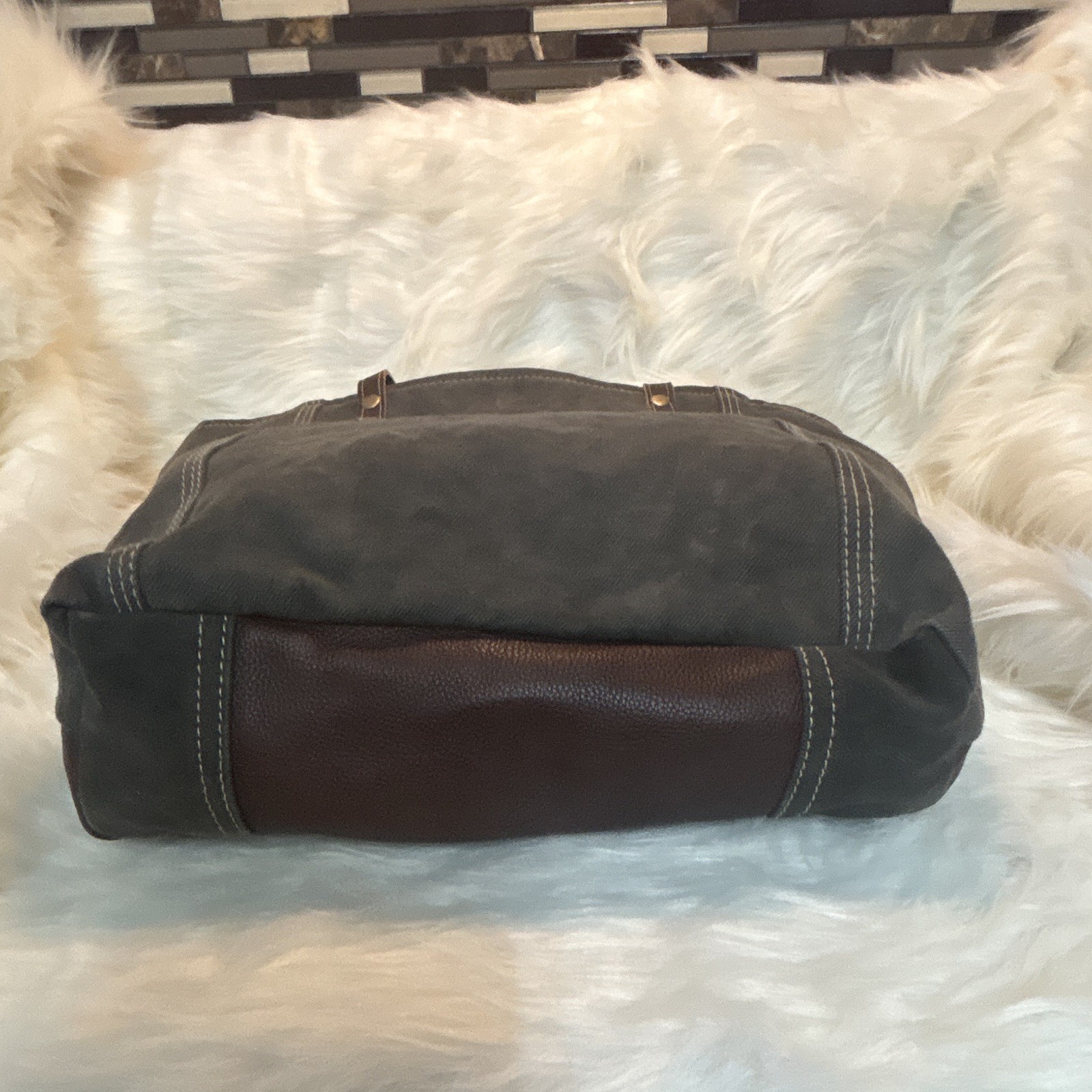 Myra Bag Blue & Brown Geometric Tote Zip Closure Lined Inner Pockets