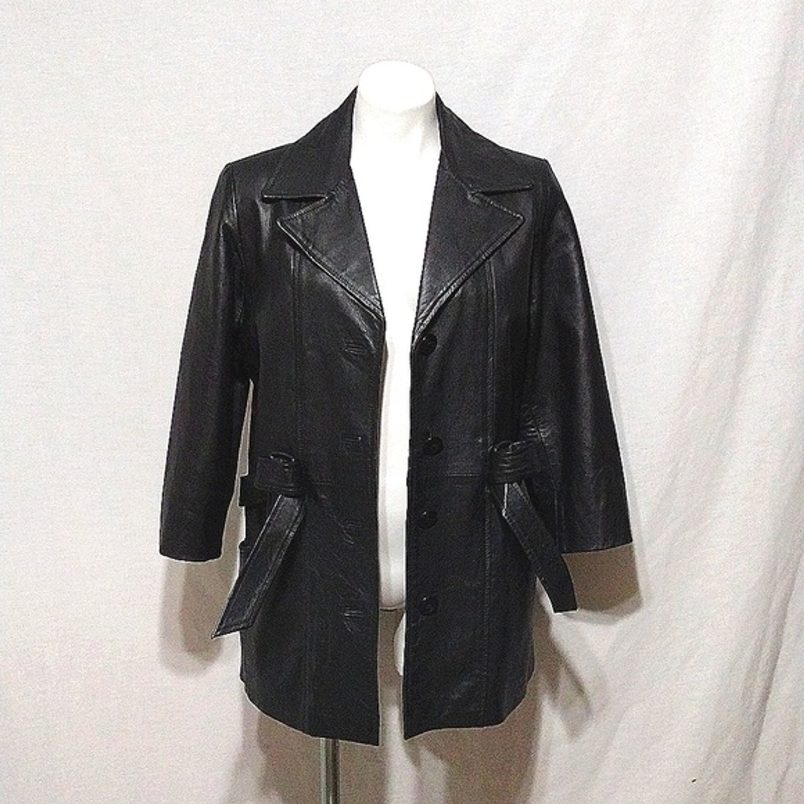 Phase 2 Vtg Gothic Black Leather Belted Button Down Jacket Coat MP Thigh Length