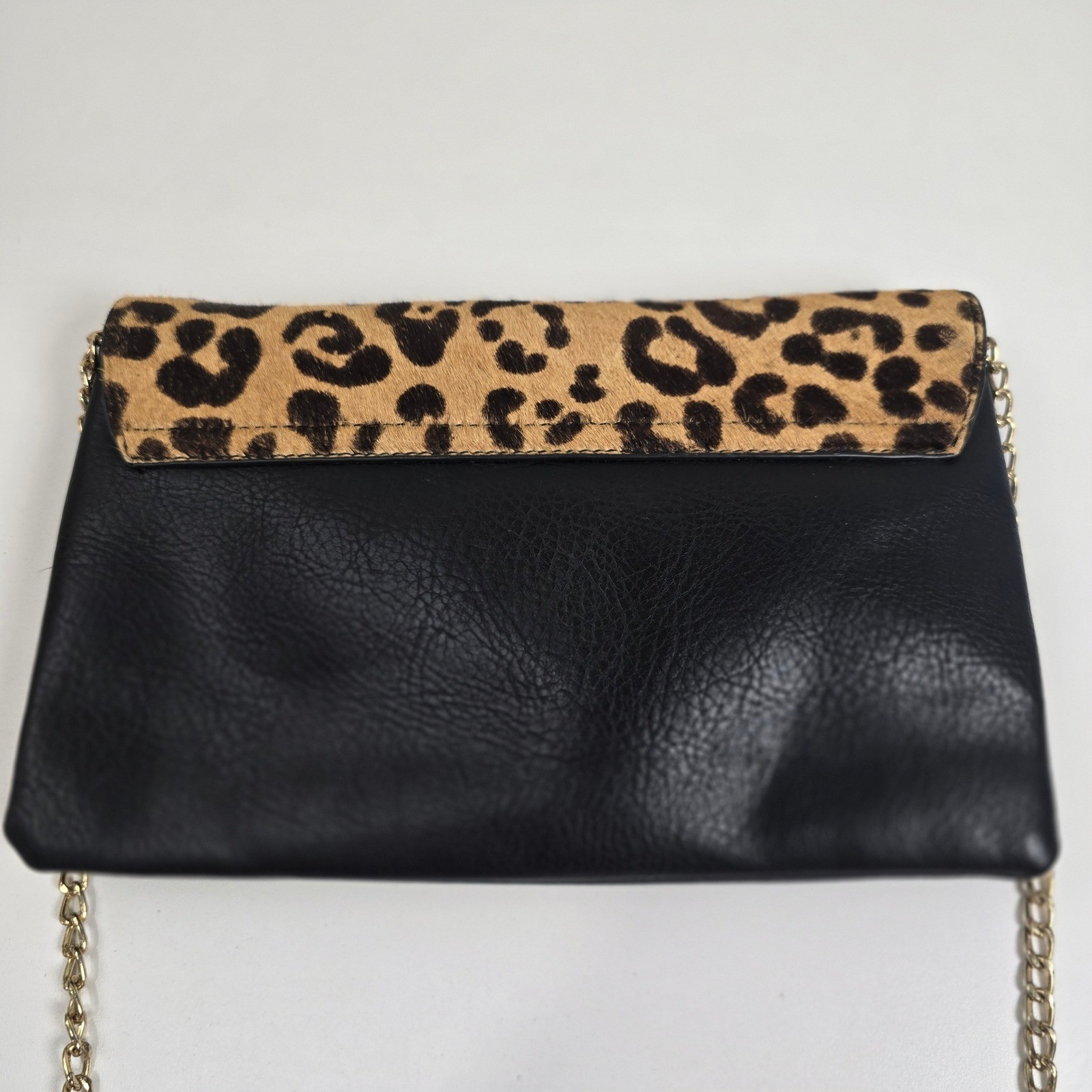Madison West Calf Hair Leopard Print Crossbody Clutch Bag Black Vegan Leather