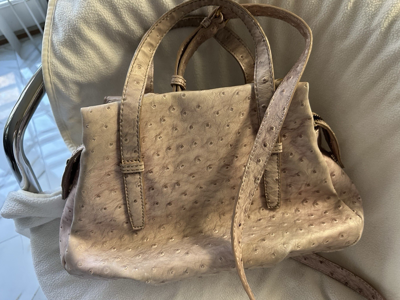 Beige Ostrich Embossed Satchel Top Handle Bag, Zip/Push Lock, Strap, Gold