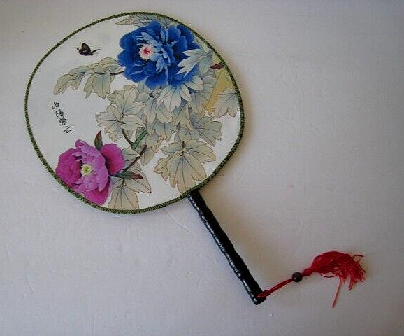 Oriental Flowers & Butterfly Material with Bamboo Handle Fan Free Ship