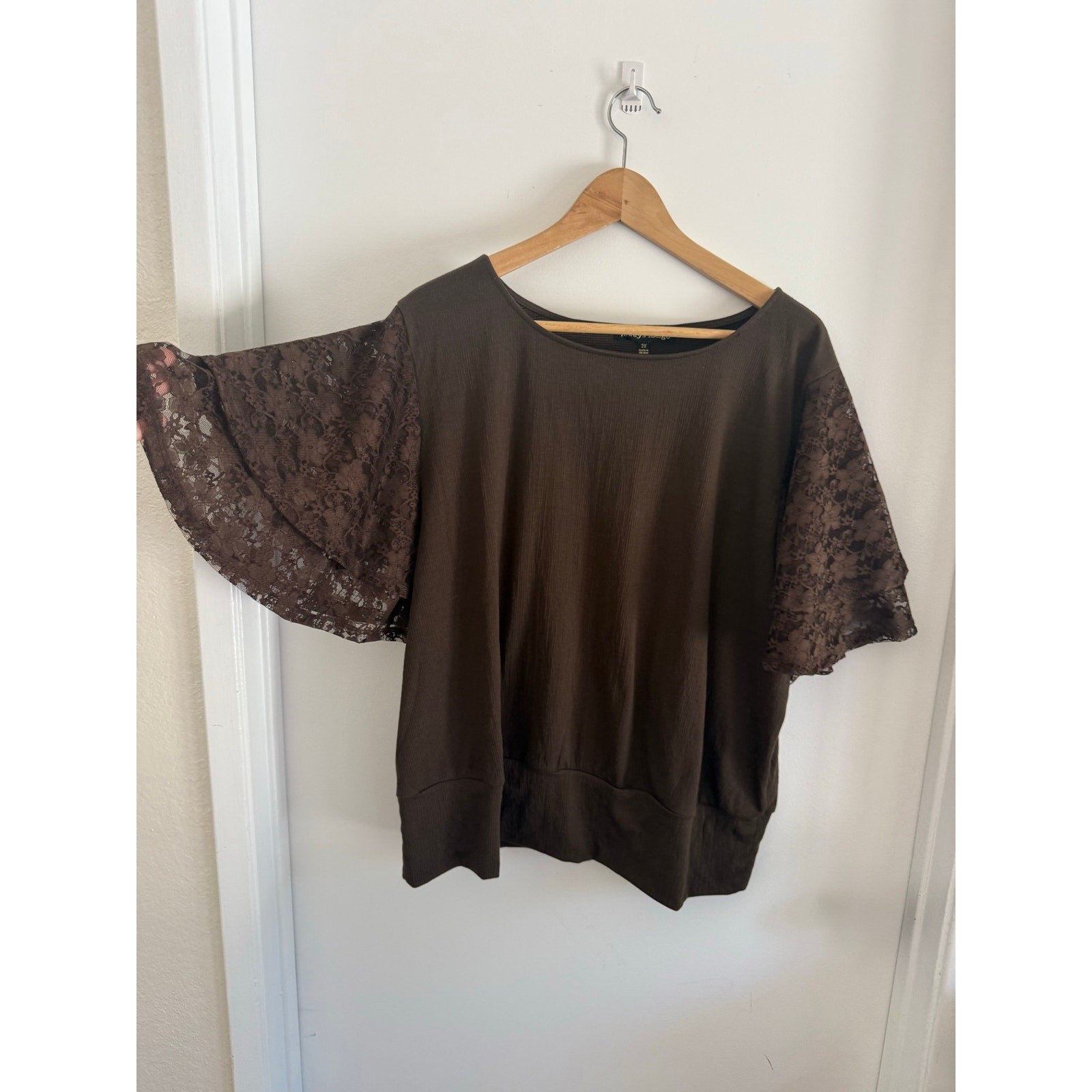 Always Indigo Brown Lace Flutter Sleeve Blouse 3X Plus Size Boho