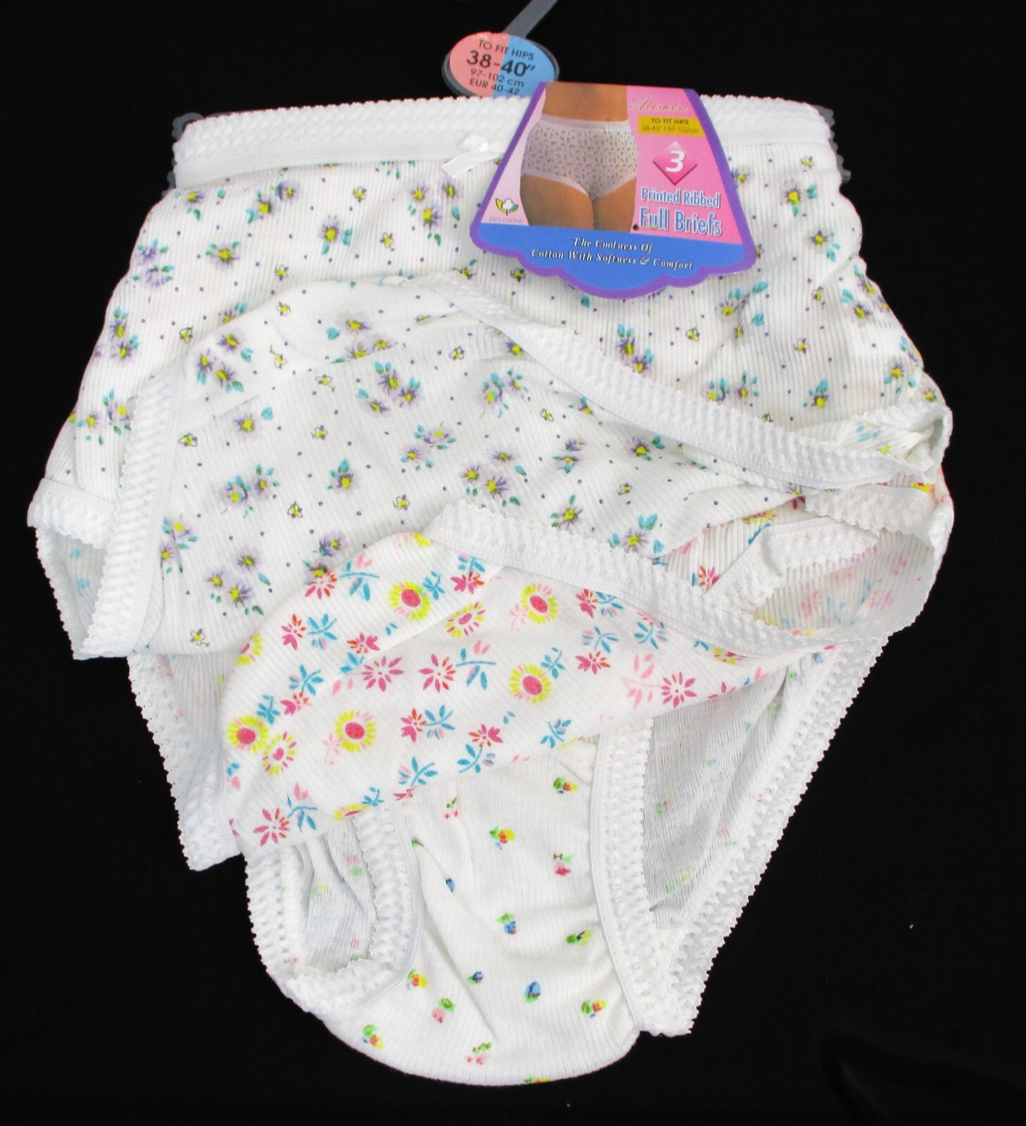 Ladies 3 Pack 100% Ribbed Cotton Full Briefs Sizes :38-40″,42-44″,46-48″,50-52″