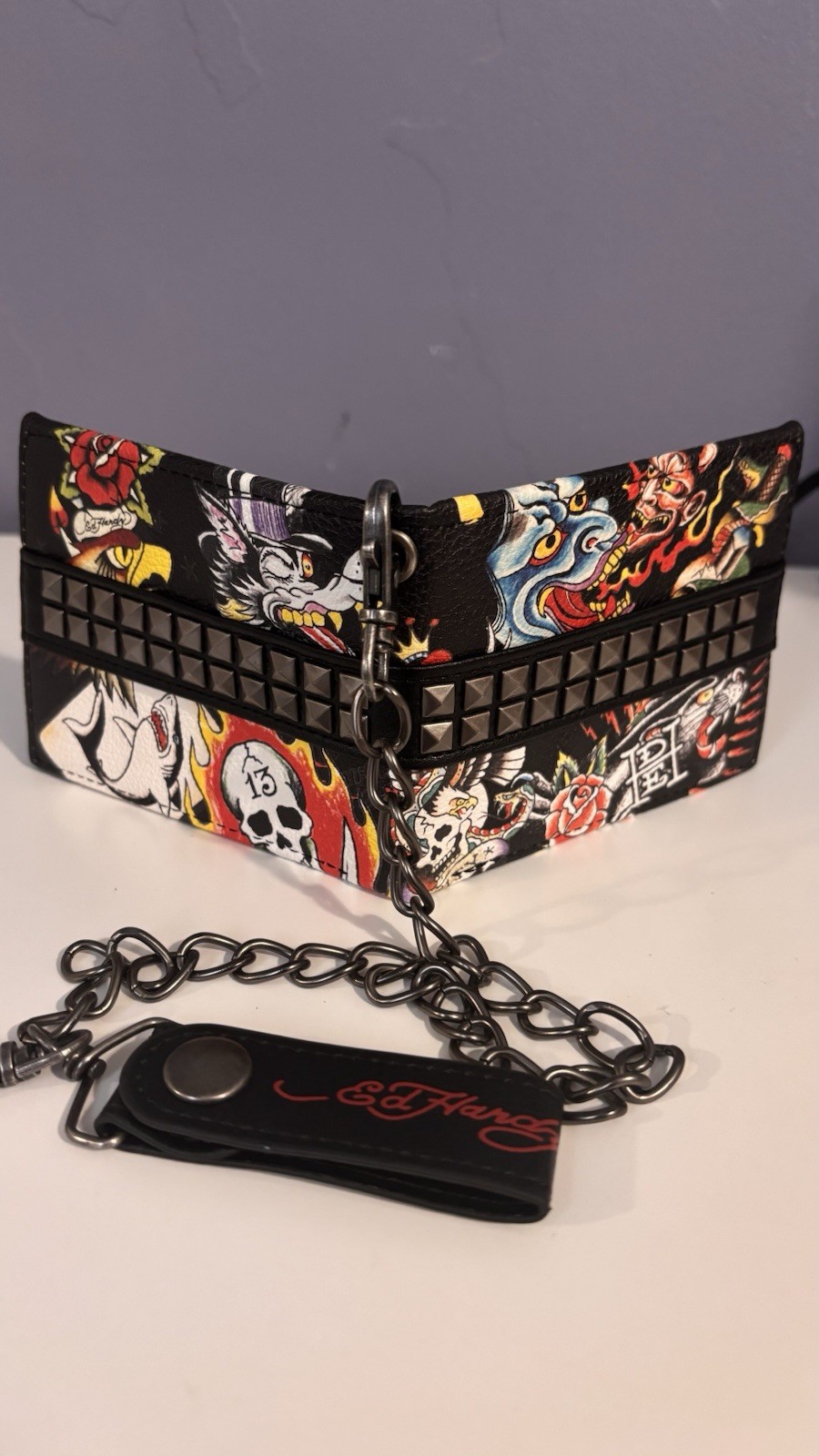 Ed Hardy Men’s Wallet Black Studded Chain Graphic Tattoo NEW!