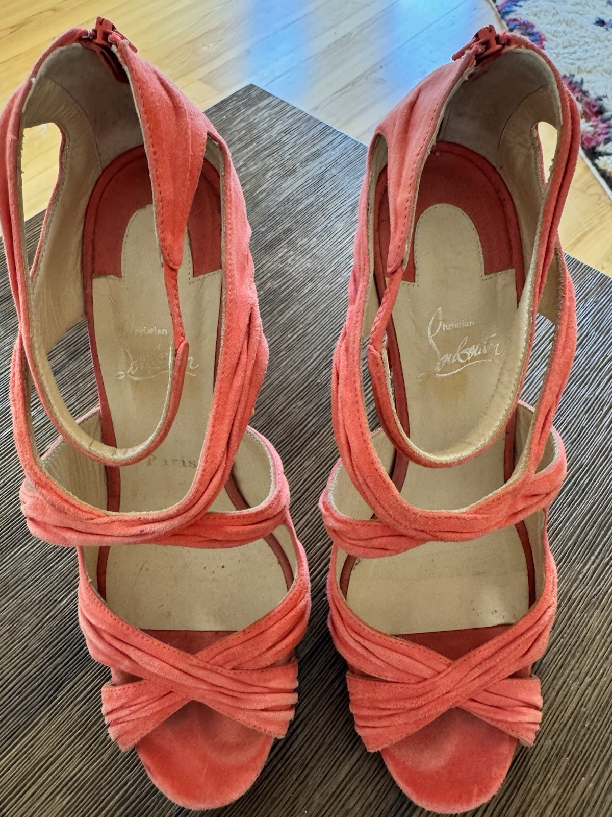 Christian Louboutin Coral Suede Strappy Open Toe Zip Heels EU 39 US 8.5 M