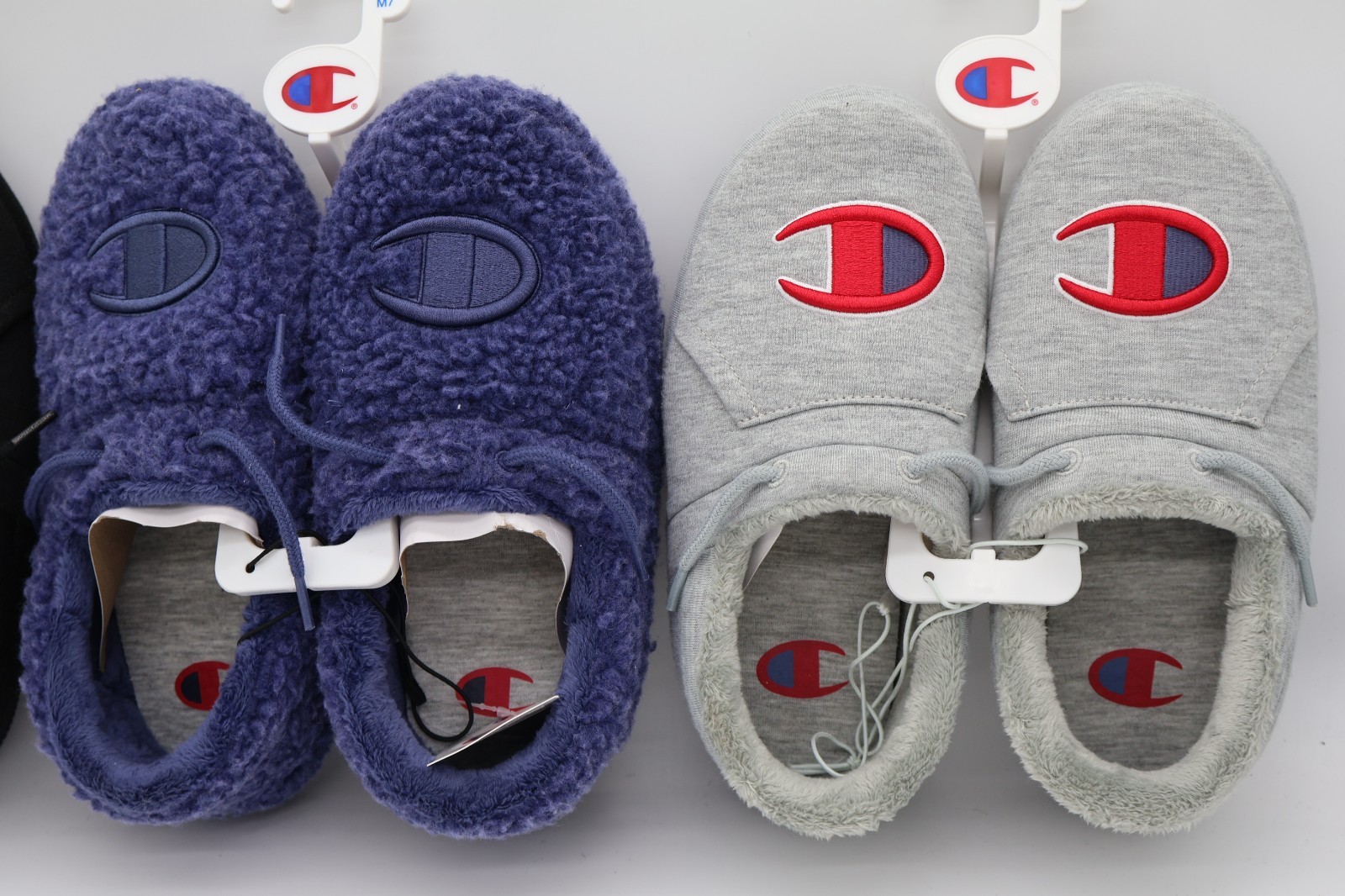 Champion Black, Blue & Grey Logo Slip-On Slippers Faux Fur Lined Non-Slip W9/M7