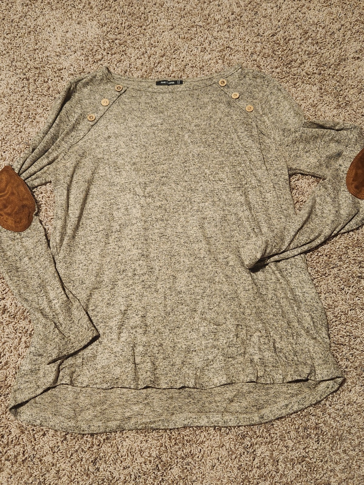 Pink Clover Pullover Women L Brown Marl Top Elbow Patch Button Detail Knit Large