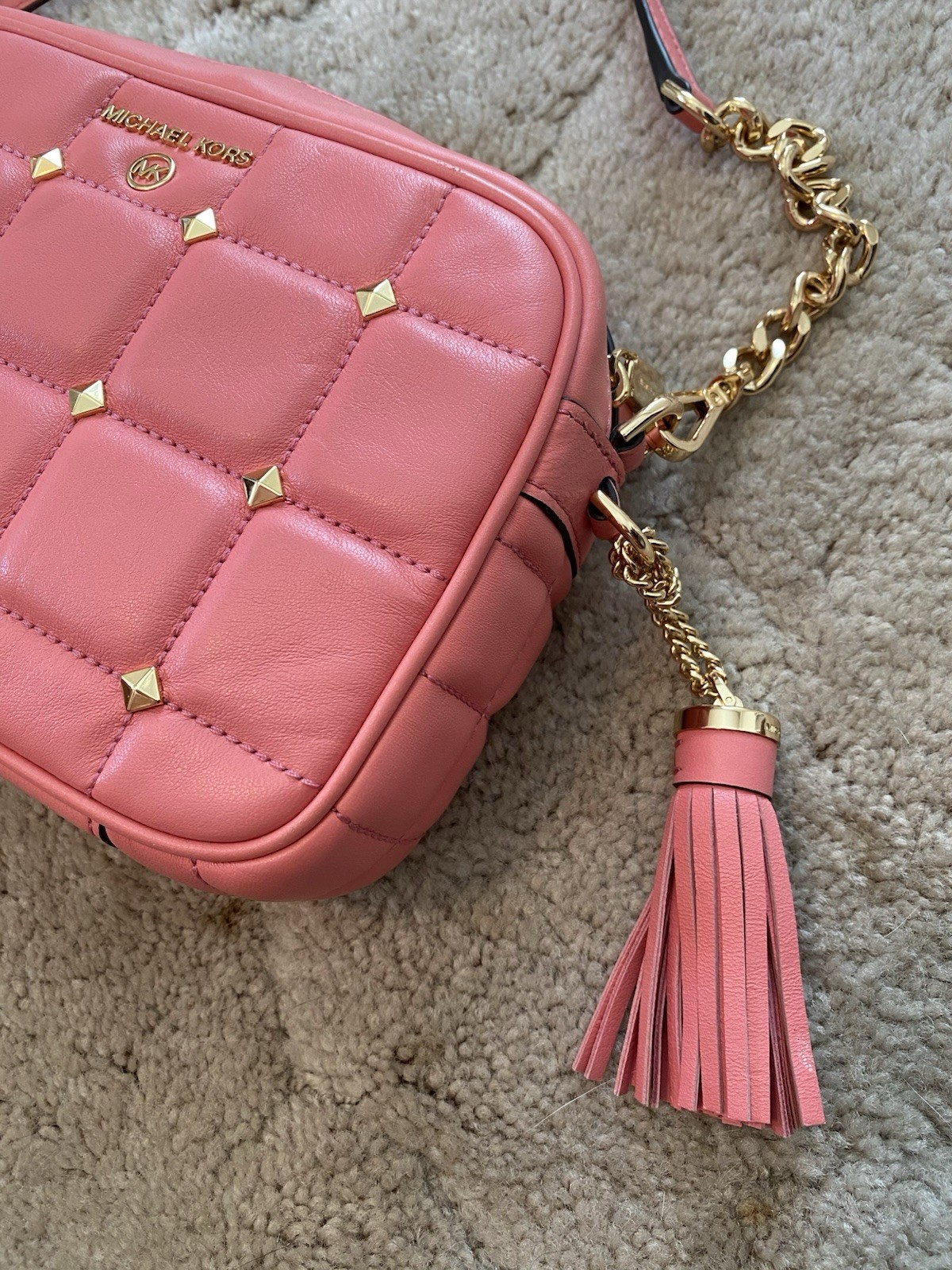 Michael Kors Pink Quilted Small Crossbody Bag Zip Gold Chain Tassel Charm