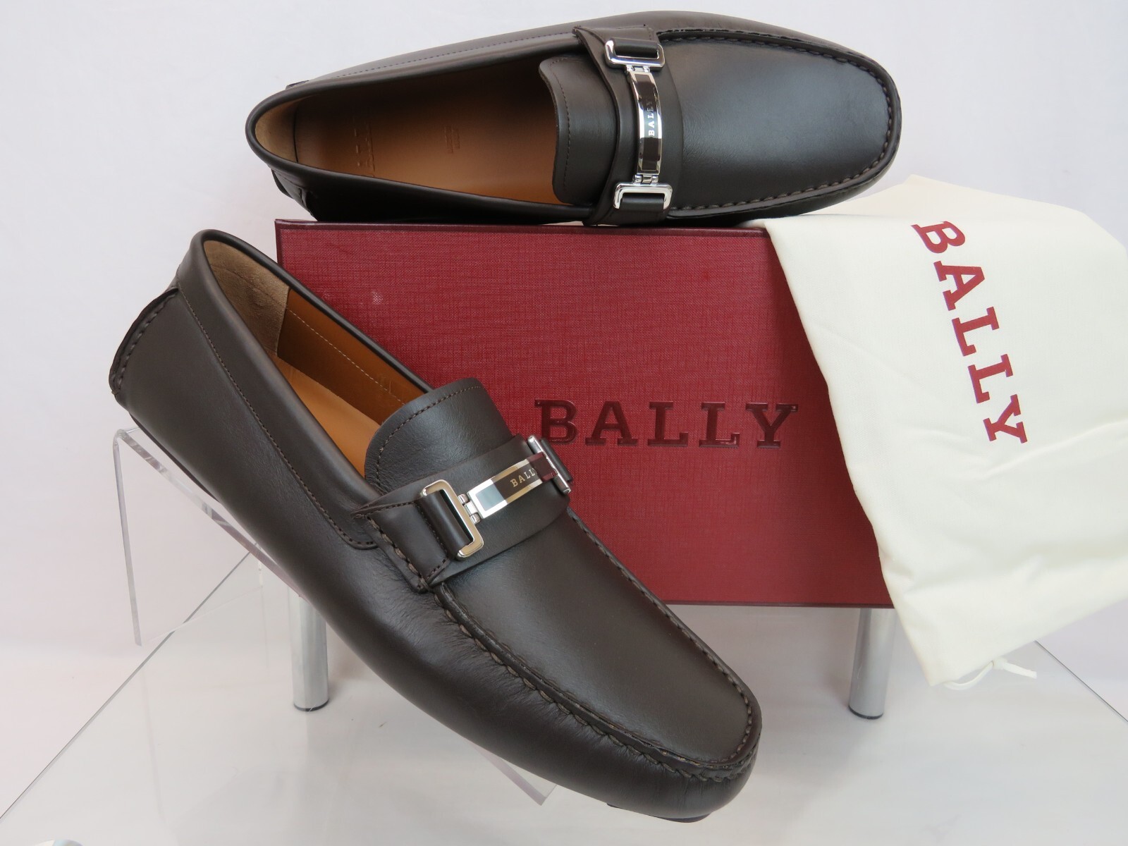 BALLY DRULIO DARK BROWN CHOCOLATE LEATHER METAL LOGO DRIVING LOAFERS US 12 D