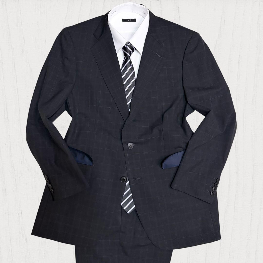 Burberry London Suit Set Men L Black Navy Plaid Wool Mohair 2B Jacket Pants