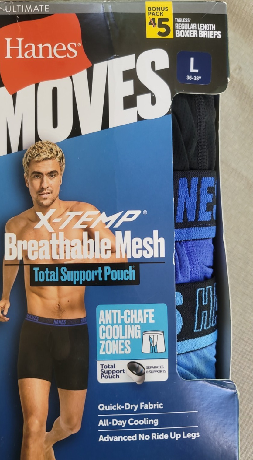 NEW HANES 5 PACK LARGE BOXERS MOVES X TEMP BREATHABLE MESH FABRIC QUICK DRY