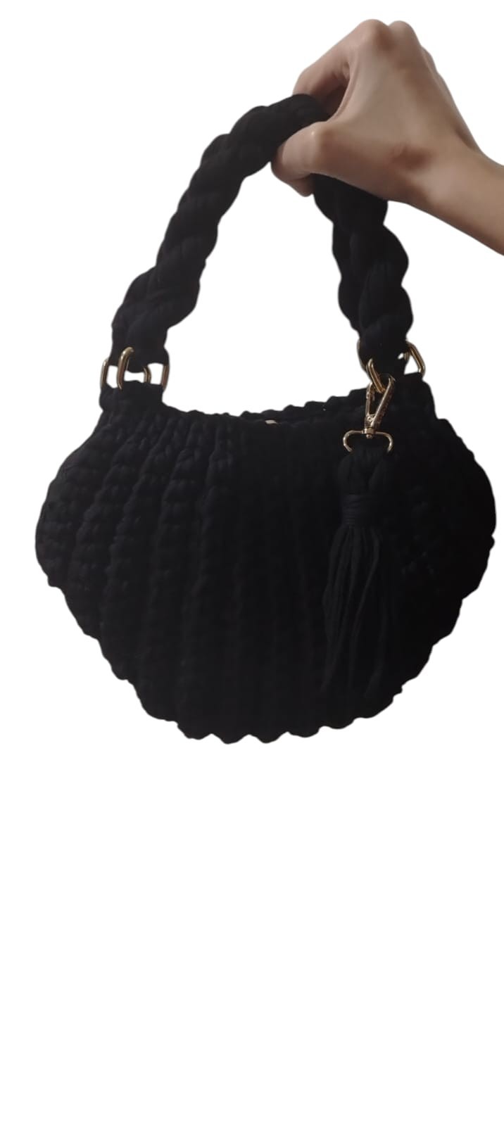 Black Handmade Crochet Purse Boho Tassel Bag Women Top Handle Knit Handbag