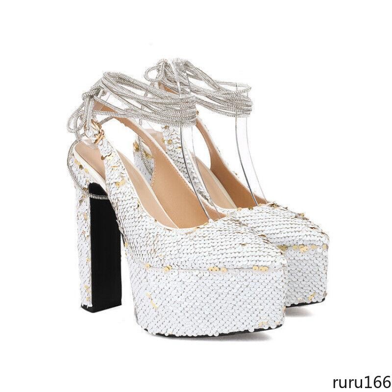 Women Sequin Platform Slingback Square Toe Block High Heel Buckle Pumps shoes