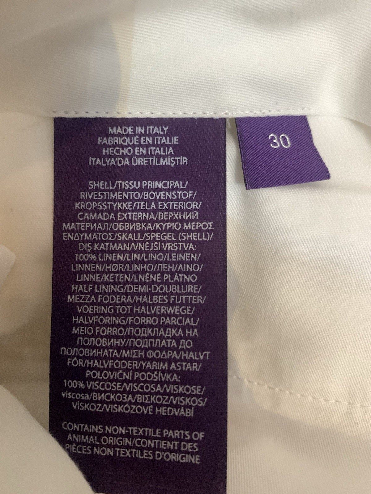 NWT Ralph Lauren PURPLE LABEL LINEN TROUSERS 30×34 SIDE TABS WHITE ITALIAN Pants