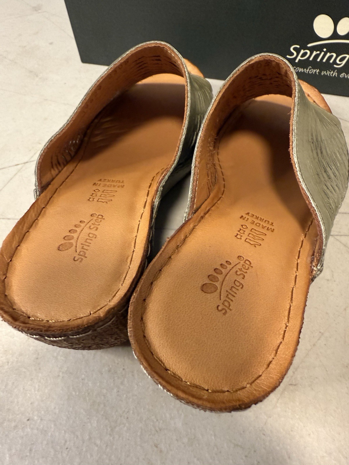 Spring Step Mule Sandals Size EU 38 7.5-8 Cunacena Olive Leather Wedge Heel BOX