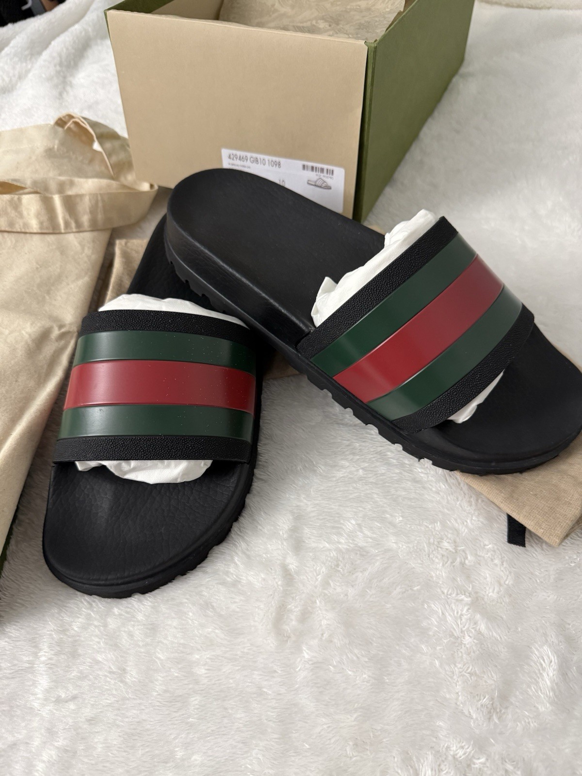 Gucci Pursuit Trek Web Stripe Rubber Slide Sandals Black Green Red Mens 10
