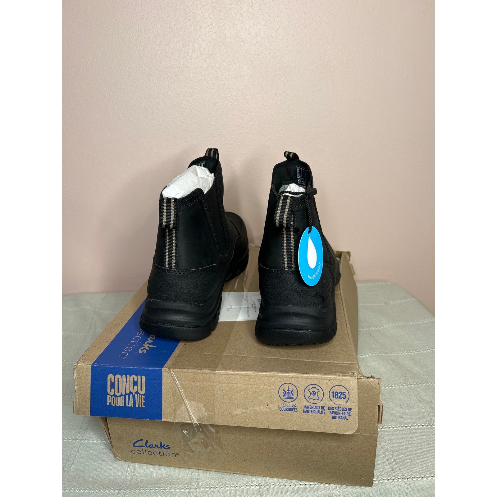 Clarks Men’s Walpath Easy Chelsea Boot Black Leather Size 12 W Waterproof New