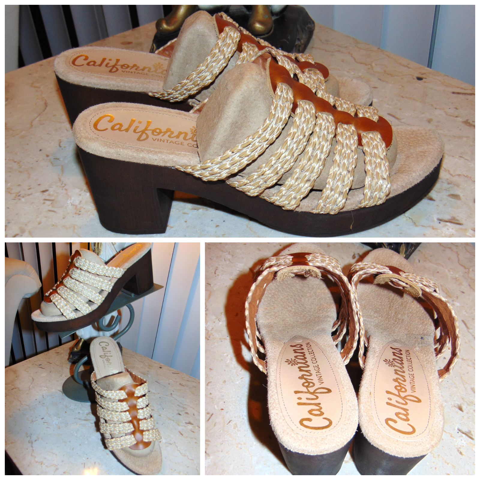 CALIFORNIANS Vintage Collection Beige Womens Strappy Mules Heels Sandals Slides