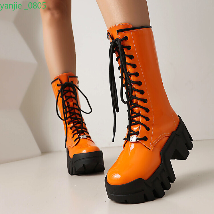 Gothic Women’s Faux Leather Platform Mid Calf Boots Lace Up Shoes Zip Block Heel