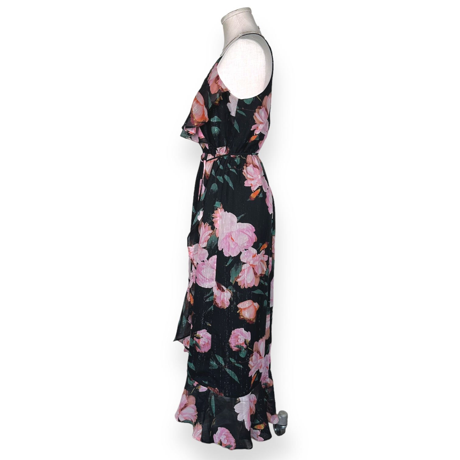JENNIFER LOPEZ Faux Wrap Shimmer Floral Midi Dress Ruffle Tier Cascade Flirty 2