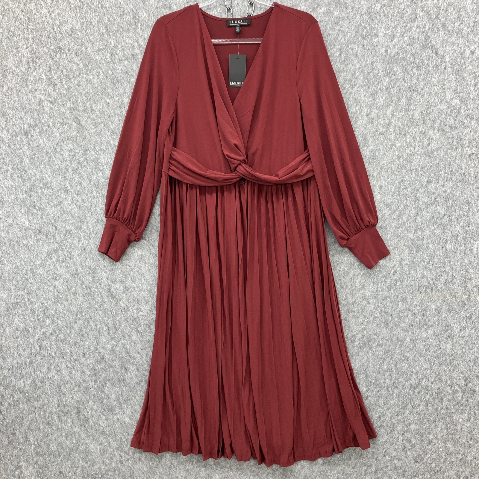 Eloquii Knot Front Pleated Midi Dress Womens 16 Burgundy Party Cruise NEW