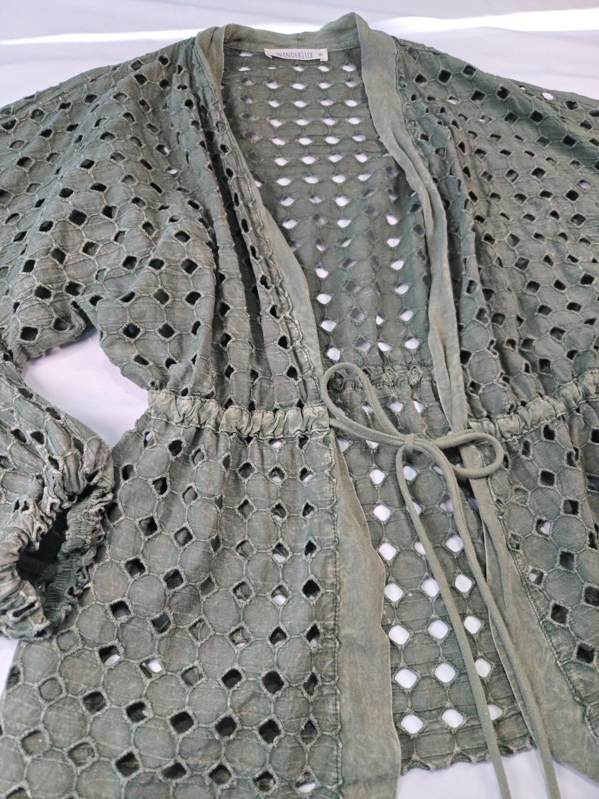 Olive Green Eyelet Cutout Tie Front Cardigan Sz Medium Earthy Lagenlook Festival