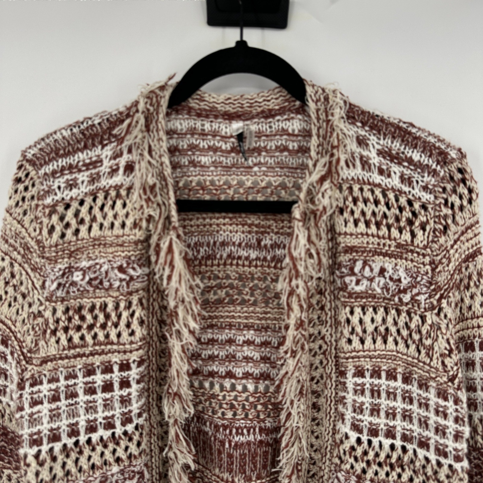 25 South Boho Fringe Open Front Cardigan Sweater Knit Geometric Pattern