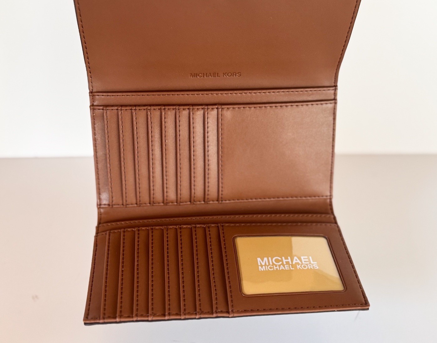 MICHAEL KORS JET SET TRAVEL LARGE TRIFOLD PVC LEATHER WALLET MK BROWN