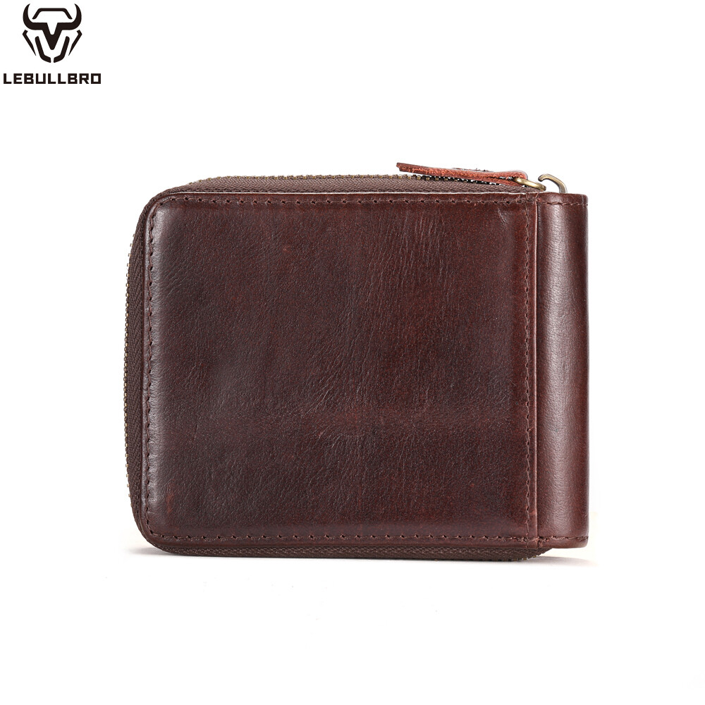 Mens Genuine Leather Zipper Wallet RFID Blocking Bifold Zip Around Card Holder