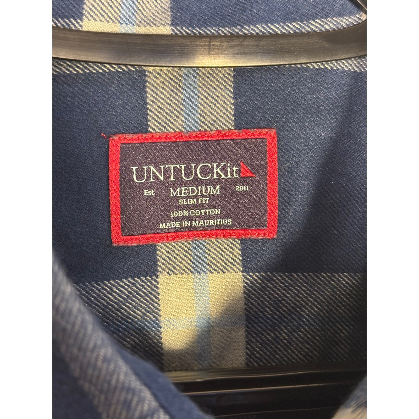 UNTUCKit Mens Slim Fit Plaid Button Down Shirt Blue White Cotton Medium 0211