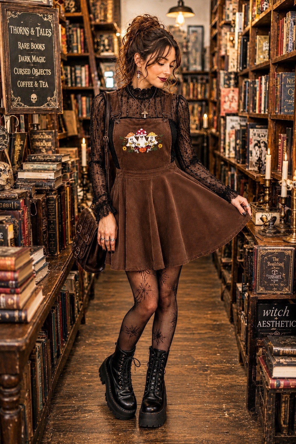 Thorn & Fable Ghost Mushroom Corduroy Skirtall Brown Embroidered S Overall Dress