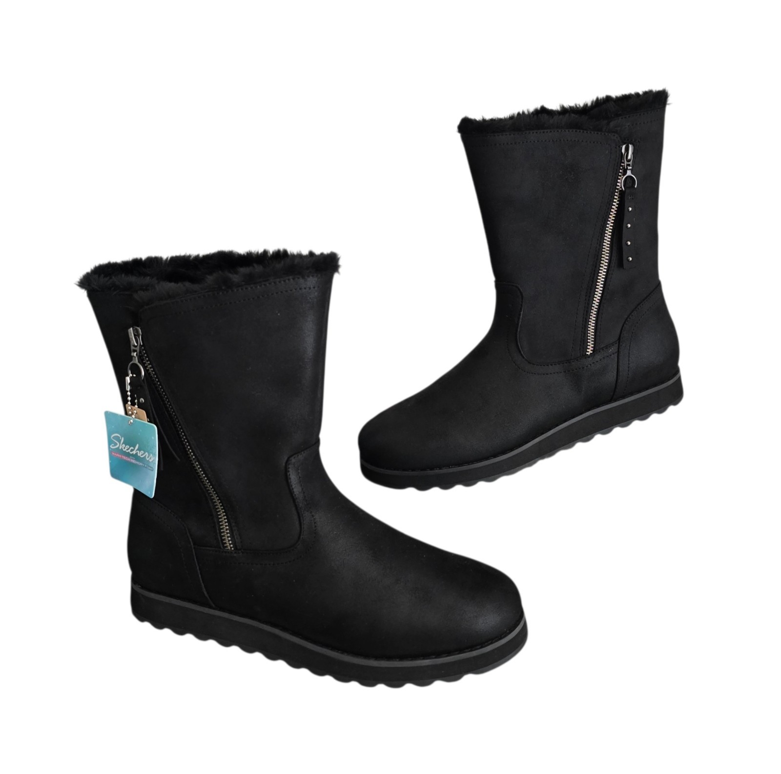 Skechers Keepsake Boots Womens Size 11 Black Faux Leather Faux Fur Side Zip