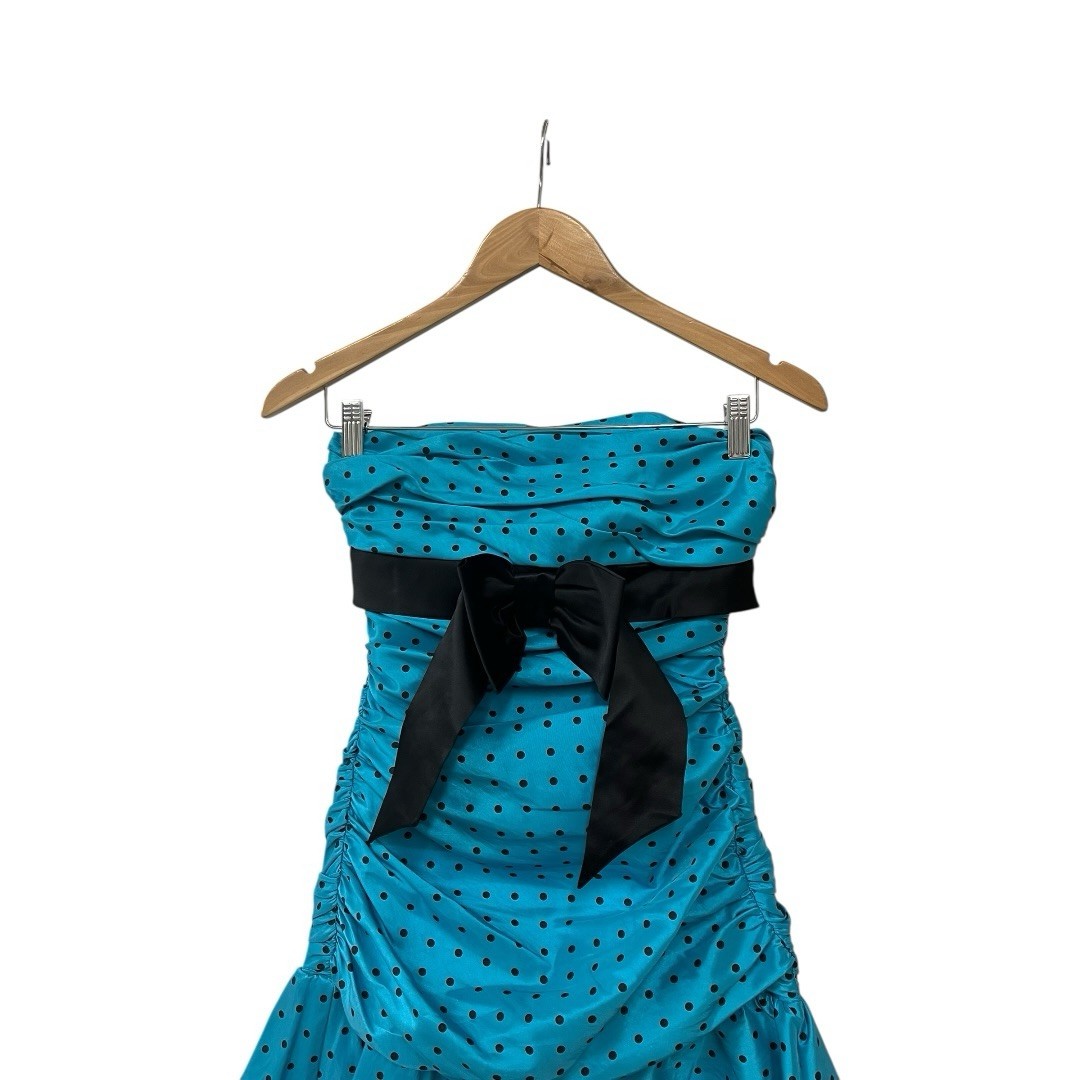 Betsey Johnson Y2K Blue Black Dot Taffeta Strapless Bow Prom Dress 2