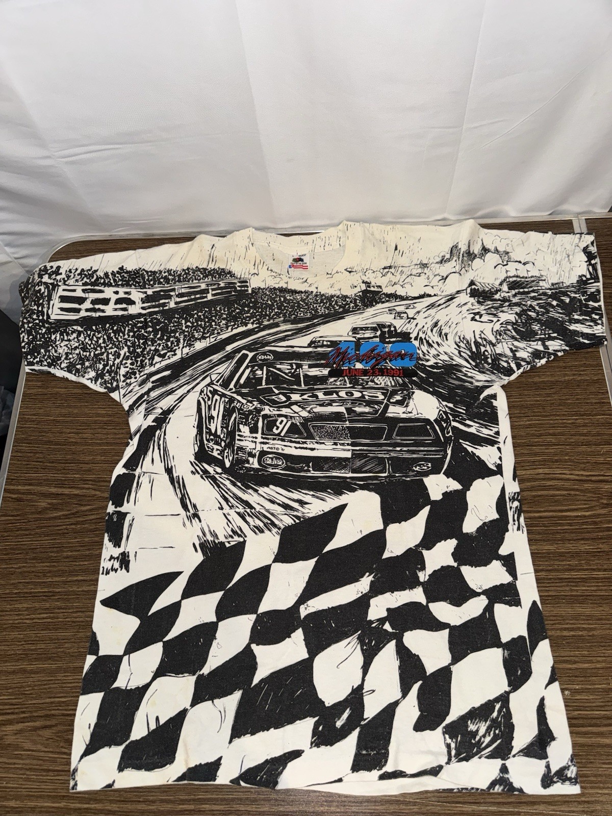 Vintage NASCAR Winston Cup 1991 Michigan Black & White All Over Print T-Shirt