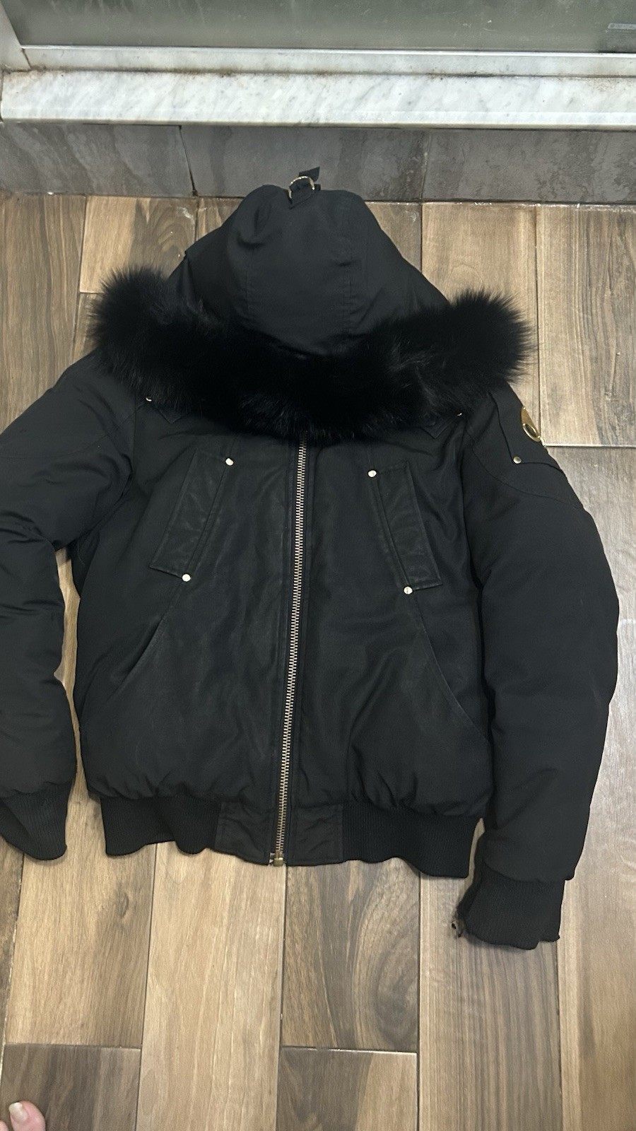 Moose Knuckles Men’s Black Hooded Bomber Jacket Down Fur Trim Zip Pockets