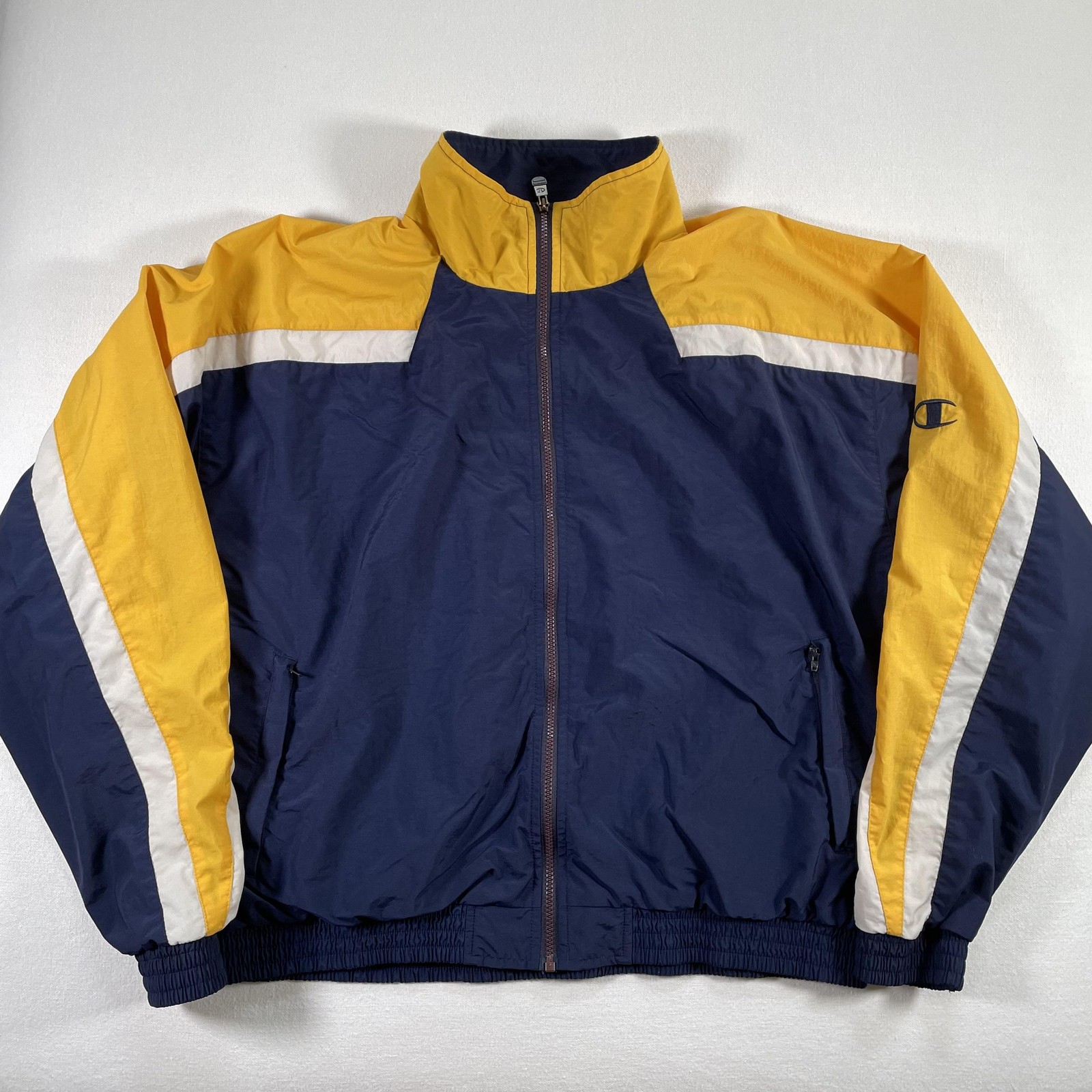 Vintage Champion Jacket Mens XL Navy Yellow Colorblock Windbreaker Logo 90s