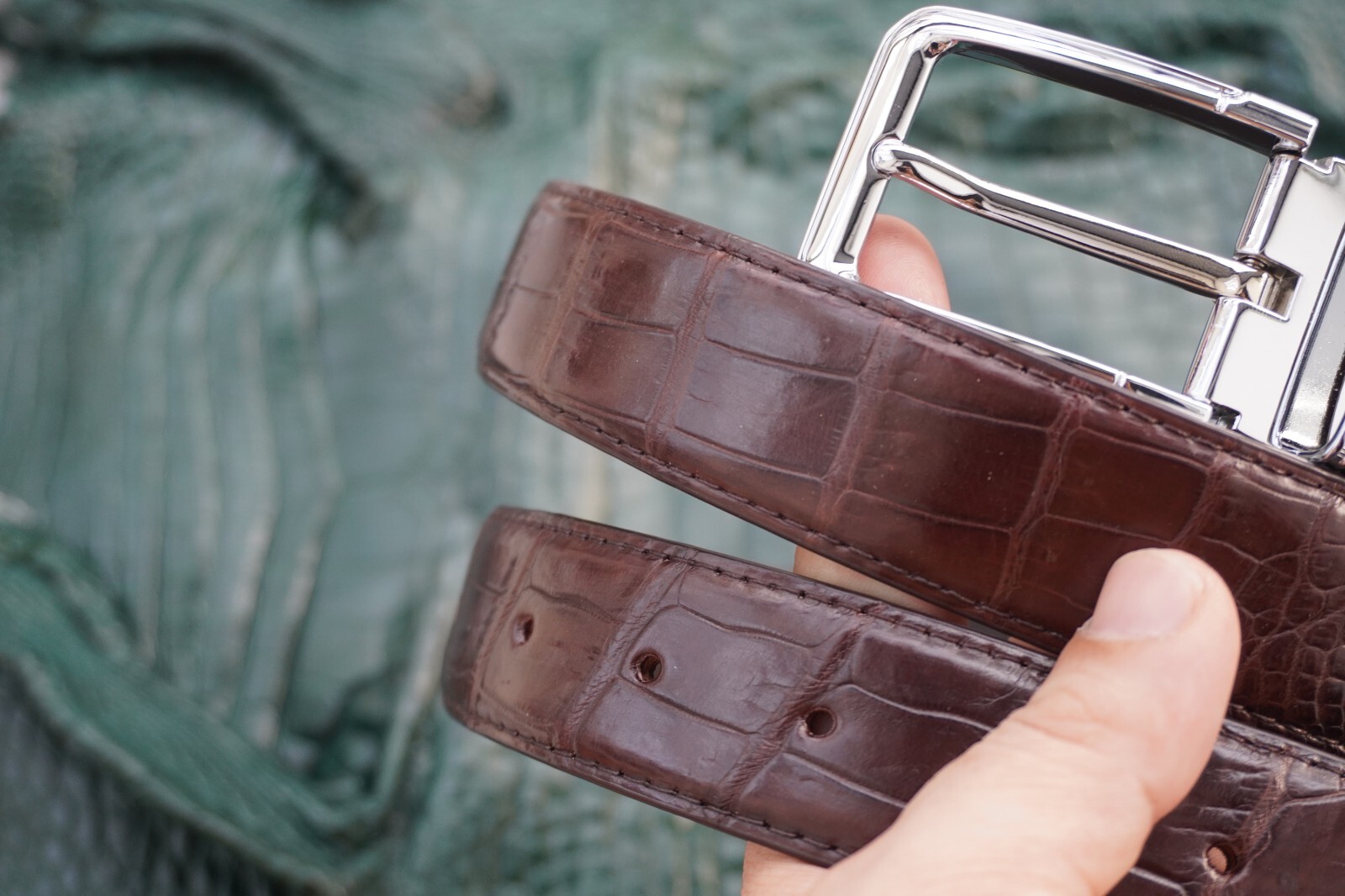 W1.3 inch Brown Real Crocodile Belly Leather Skin Men’s Belt Pin Buckle #K65