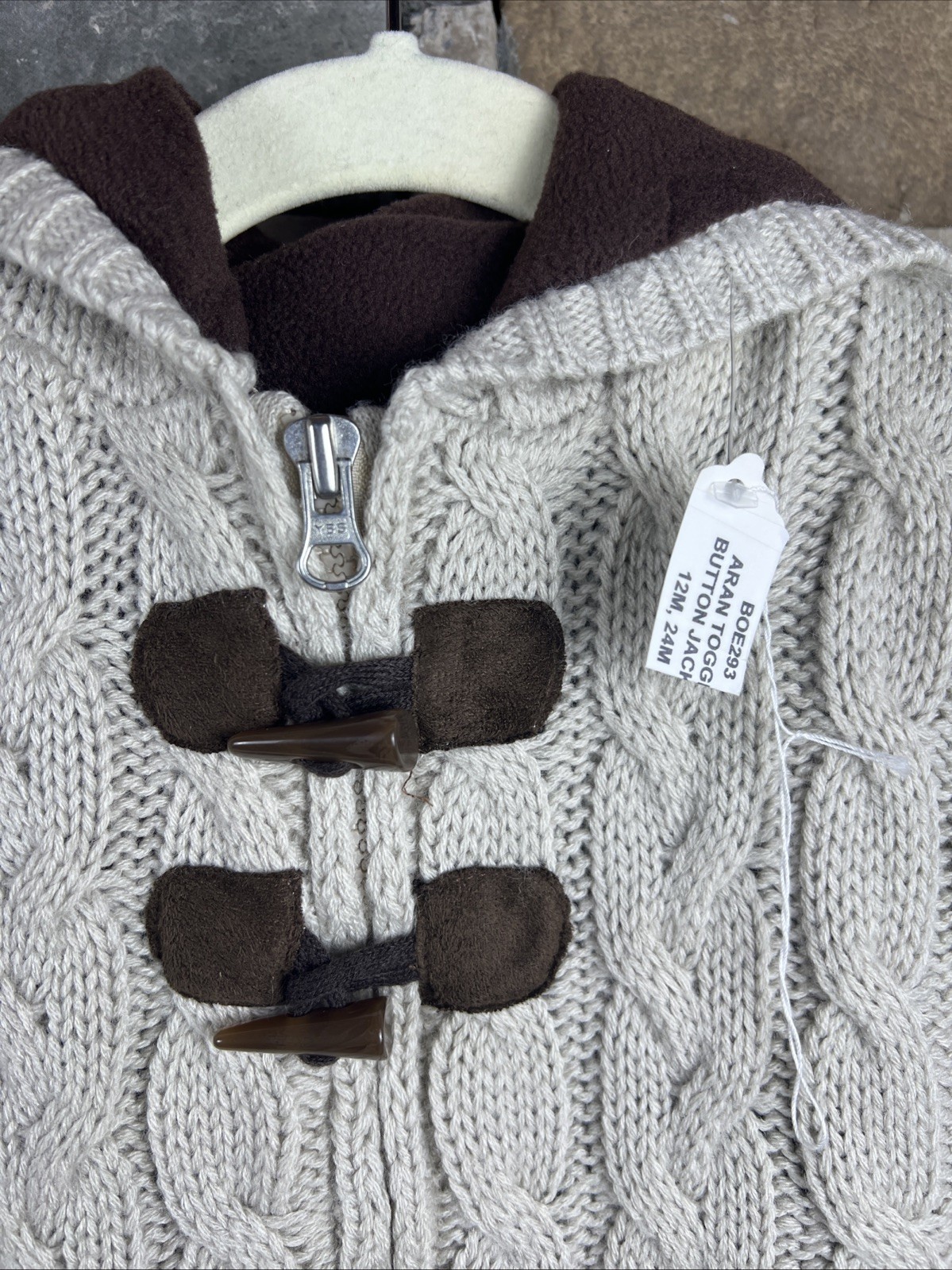 Aran Toggle 2 Button Jacket Beige And Brown With Shamrock Patch 12M