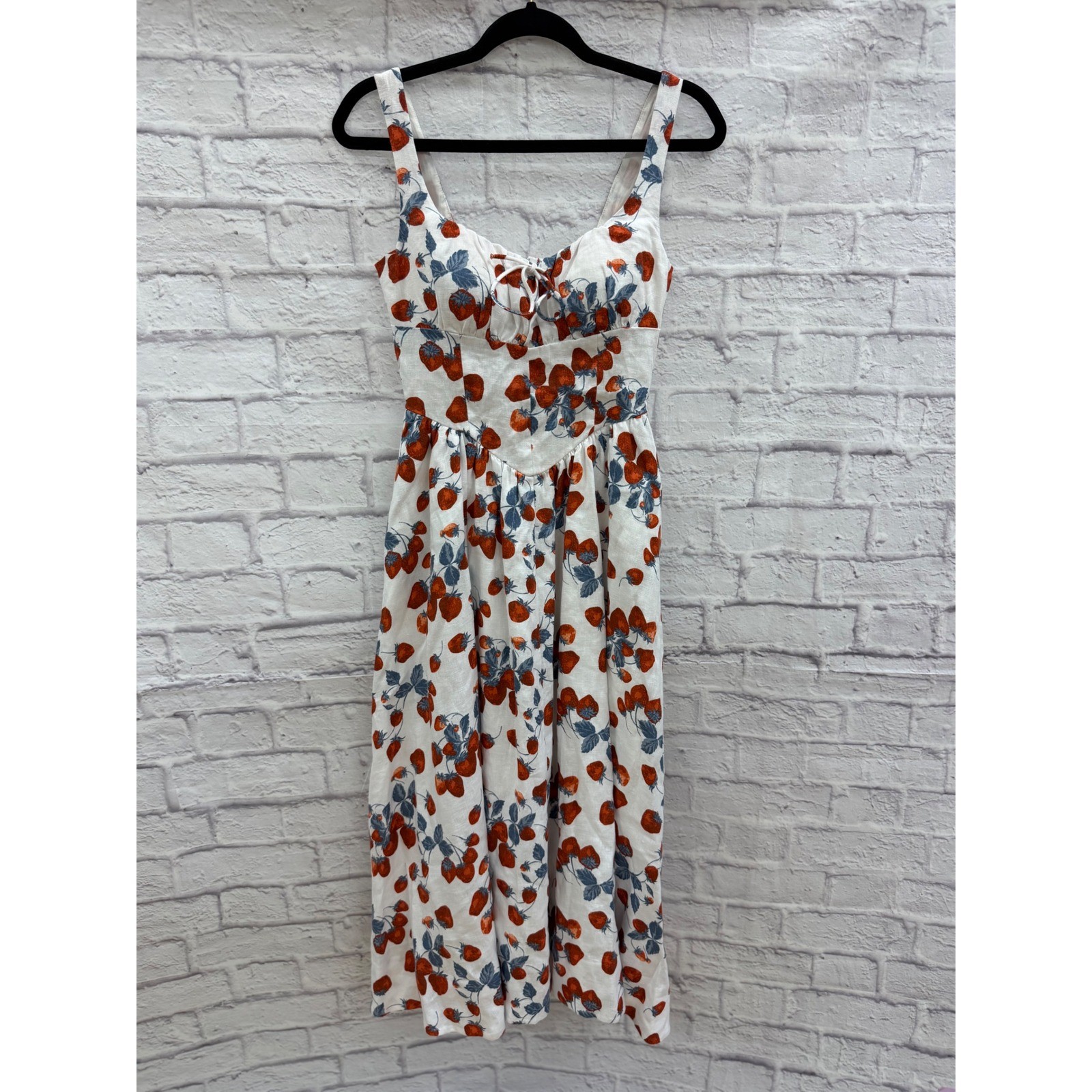 Reformation Balia Linen Strawberry Print Basque Waist Midi Dress White Red Sz 2