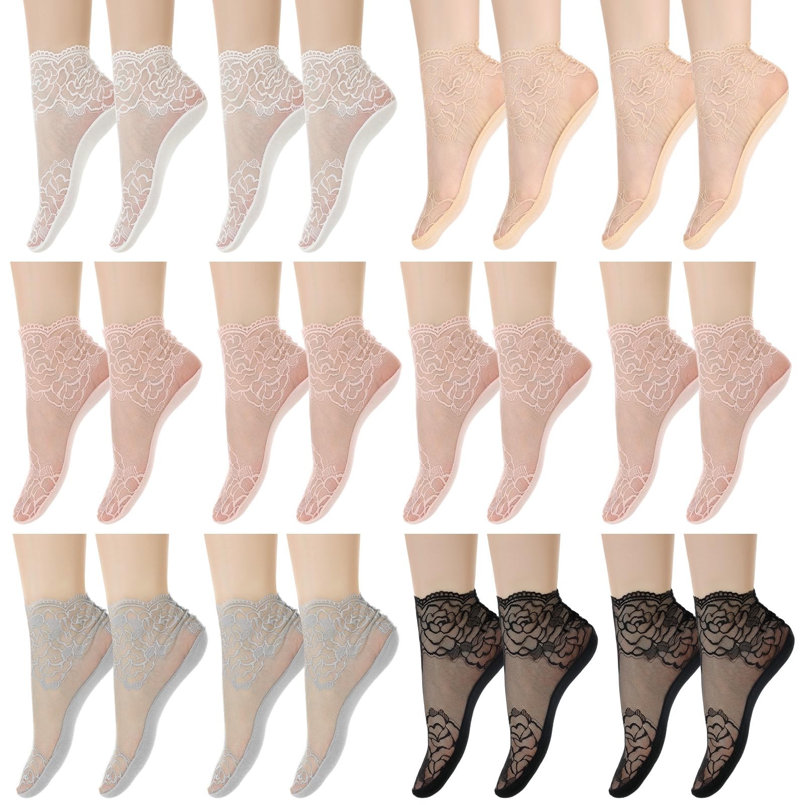 Geyoga 12 Pairs Lace Ankle Socks for One Size, Black, White, Pink, Gray, Skin