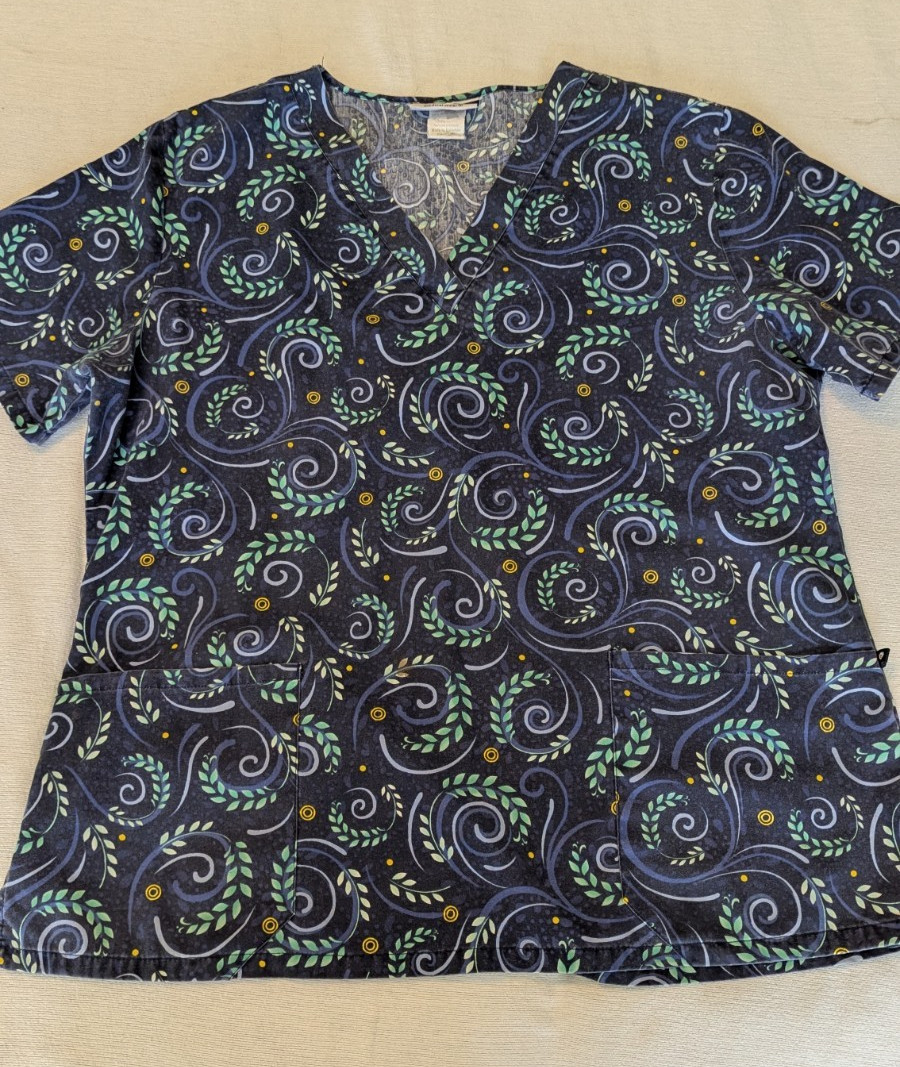Ladies Scrub Top Size L Cotton/Poly Floral Swirl Design