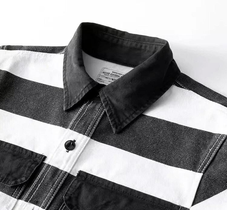 Men’s Vintage Style Biker Rider Jacket Retro Prisoner Striped Canvas Overshirt
