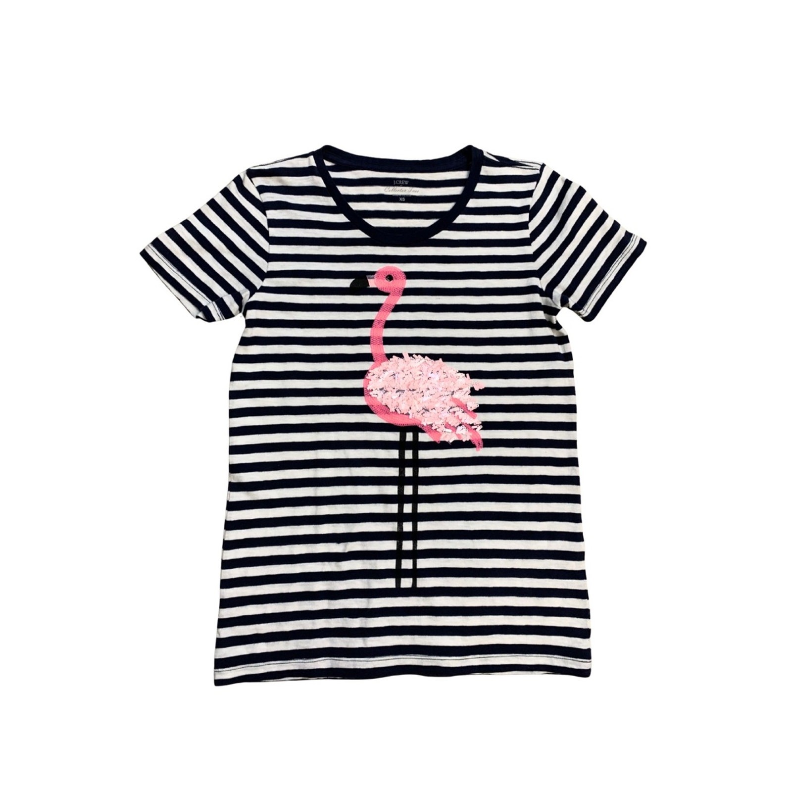 J. Crew Striped Navy Blue White Pink Flamingo Collector Tee Nautical Preppy Cute