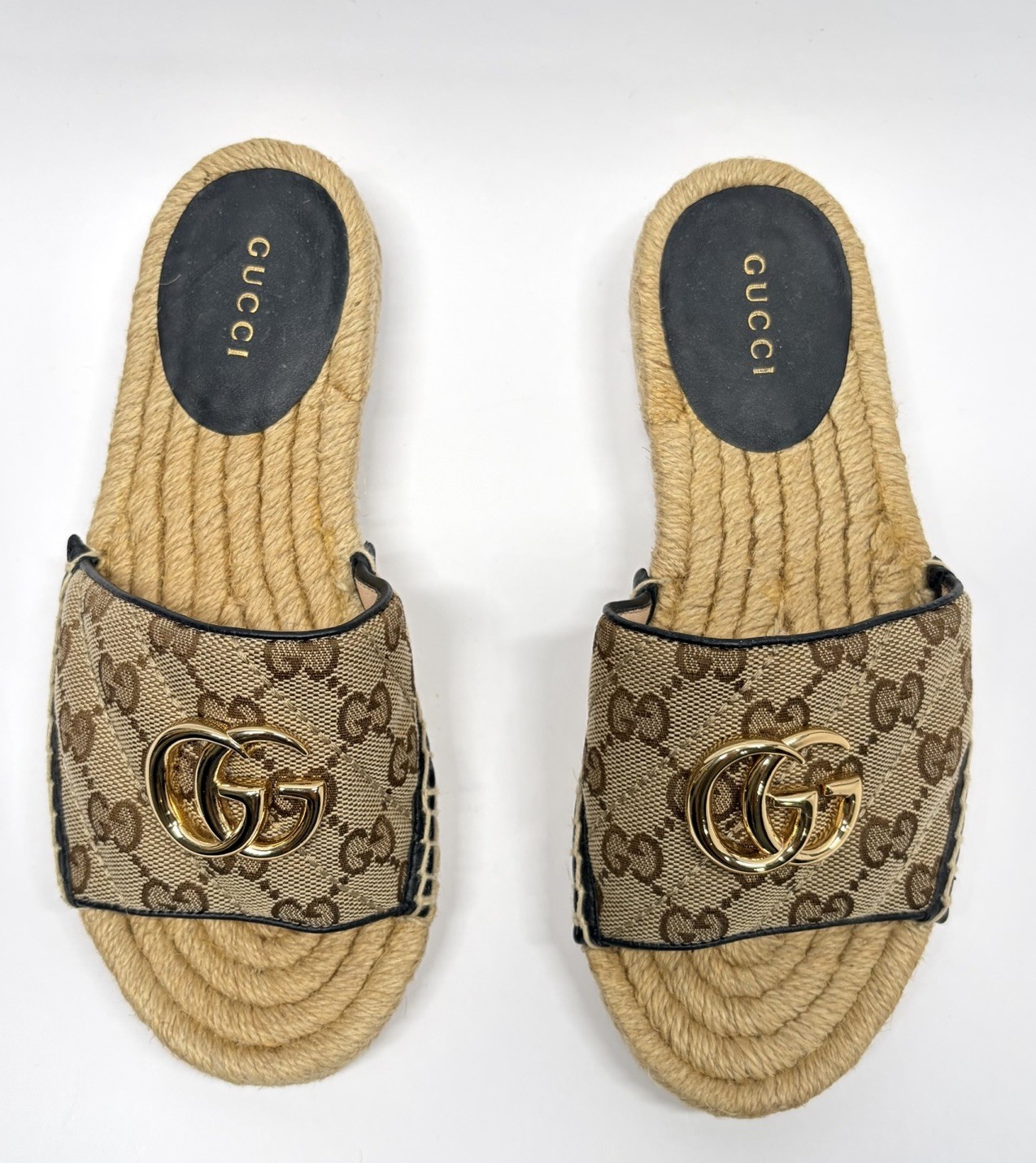 Gucci GG Matelasse Espadrille Slide Sandal Beige Ebony Womens 34.5 / US 4.5